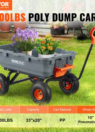 Garden Cart, Durable Poly Dump Cart with Simple Assembly Steel Structure, Versatile Dump Wagon with Dual-Function Handle, Handy Wheelbarrow with 800 lbs Load Capacity, 10 inch Wheels