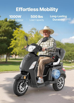 Heavy Duty 3-Wheel Mobility Scooters for Seniors & Adults, 500lbs Capacity, 21.5 Miles 3-Speed Long Range, 1000W All Terrain Electric Recreational Scooter Wheelchair, 20° Max Climbing Capacity