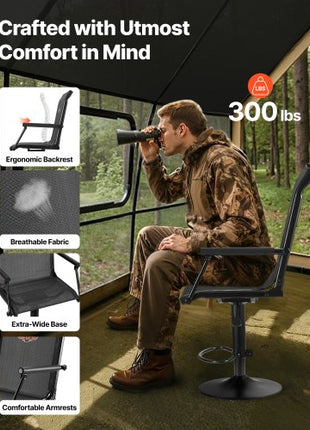 Hunting Chair, 360° Silent Swivel, Lightweight Blind Chair, Heavy-Duty Steel Frame Ground Stool Seat, with Padded Armrests, Height Adjustable, 300 Lbs Capacity, for Outdoor Fishing, Camping