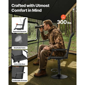 Hunting Chair, 360° Silent Swivel, Lightweight Blind Chair, Heavy-Duty Steel Frame Ground Stool Seat, with Padded Armrests, Height Adjustable, 300 Lbs Capacity, for Outdoor Fishing, Camping