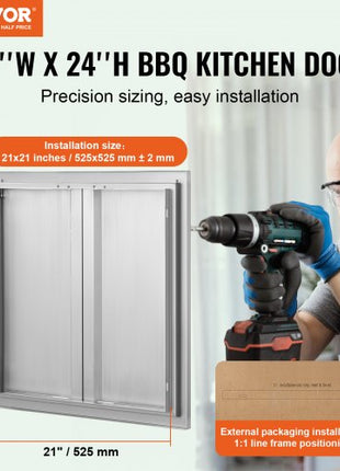 BBQ Access Door, 24W x 24H Inch Double Outdoor Kitchen Door, Stainless Steel Flush Mount Door, Wall Vertical Door with Recessed Handles , for BBQ Island, Grilling Station, Outside Cabinet