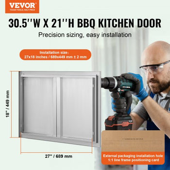 BBQ Access Door, 30W x 21H Inch Double Outdoor Kitchen Door, Stainless Steel Flush Mount Door, Wall Vertical Door with Recessed Handles , for BBQ Island, Grilling Station, Outside Cabinet
