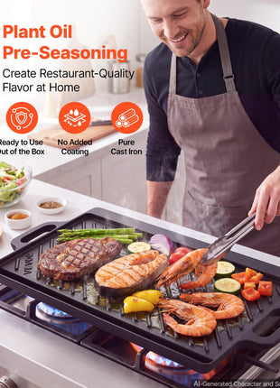 Reversible Grill/Griddle 20x9 in Pre-Seasoned Cast Iron Pan Handle, for BBQ, Eggs, Pancakes, Burgers, Dual-Sided Plate, Portable Rectangular Cookware for Oven, Gas Stove, Grill, and Campfire