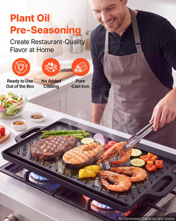 Reversible Grill/Griddle 20x9 in Pre-Seasoned Cast Iron Pan Handle, for BBQ, Eggs, Pancakes, Burgers, Dual-Sided Plate, Portable Rectangular Cookware for Oven, Gas Stove, Grill, and Campfire