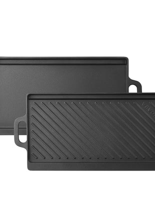 Reversible Grill/Griddle 20x9 in Pre-Seasoned Cast Iron Pan Handle, for BBQ, Eggs, Pancakes, Burgers, Dual-Sided Plate, Portable Rectangular Cookware for Oven, Gas Stove, Grill, and Campfire