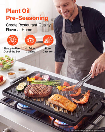 Reversible Grill/Griddle 18x9 in Pre-Seasoned Cast Iron Pan Handle, for BBQ, Eggs, Pancakes, Burgers, Dual-Sided Plate, Portable Rectangular Cookware for Oven, Gas Stove, Grill, and Campfire