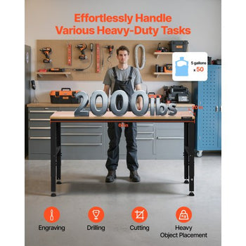 Adjustable Workbench, 2000 lbs Capacity, 61 x 20-inch Heavy Duty Work Bench with 27.1-36 Inches Height Adjustment, Garage Workbench with Power Outlets, Suitable for Office, Garage, Workshop