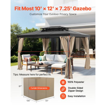 Gazebo Curtains Outdoor, 12' x 10' x 7.3' Gazebos, 4-Panel Sidewall Gazebo Privacy Curtains with Zippers, Outdoor Curtain Replacement for Patio Canopy, Only Curtain, Khaki