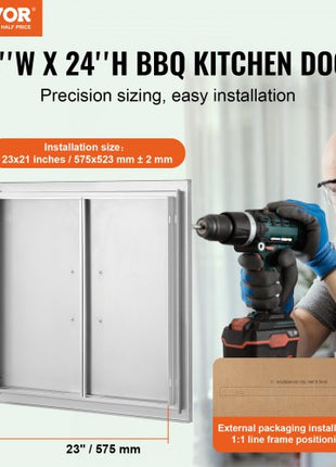 BBQ Access Door, 26W x 24H Inch Double Outdoor Kitchen Door, Stainless Steel Flush Mount Door, Wall Vertical Door with Handles, for BBQ Island, Grilling Station, Outside Cabinet