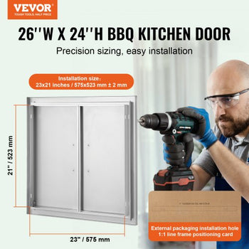 BBQ Access Door, 26W x 24H Inch Double Outdoor Kitchen Door, Stainless Steel Flush Mount Door, Wall Vertical Door with Handles, for BBQ Island, Grilling Station, Outside Cabinet
