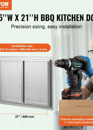 BBQ Access Door, 30W x 21H Inch Double Outdoor Kitchen Door, Stainless Steel Flush Mount Door, Wall Vertical Door with Handles, for BBQ Island, Grilling Station, Outside Cabinet