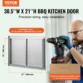 BBQ Access Door, 30W x 21H Inch Double Outdoor Kitchen Door, Stainless Steel Flush Mount Door, Wall Vertical Door with Handles, for BBQ Island, Grilling Station, Outside Cabinet