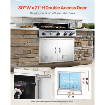 BBQ Access Door, 30W x 21H Inch Double Outdoor Kitchen Door, Stainless Steel Flush Mount Door, Wall Vertical Door with Handles and Vents, for BBQ Island, Grilling Station, Outside Cabinet