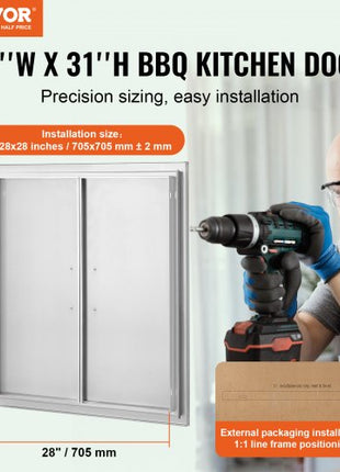 BBQ Access Door, 31W x 31H Inch Double Outdoor Kitchen Door, Stainless Steel Flush Mount Door, Wall Vertical Door with Handles, for BBQ Island, Grilling Station, Outside Cabinet