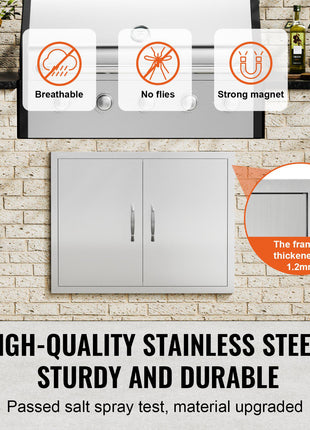BBQ Access Door, 31W x 24H Inch Double Outdoor Kitchen Door, Stainless Steel Flush Mount Door, Double Wall Vertical Door with Handles and Hooks, for BBQ Island, Grilling Station, Outside Cabinet