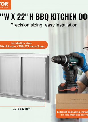 BBQ Access Door, 33W x 22H Inch Double Outdoor Kitchen Door, Stainless Steel Flush Mount Door, Wall Vertical Door with Handles, for BBQ Island, Grilling Station, Outside Cabinet
