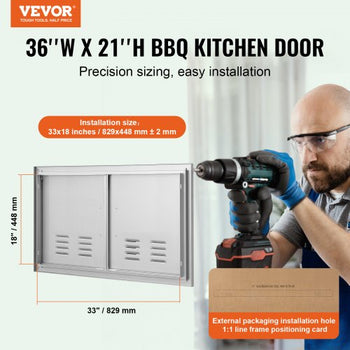 BBQ Access Door, 36W x 21H Inch Double Outdoor Kitchen Door, Stainless Steel Flush Mount Door, Wall Vertical Door with Handles and Vents, for BBQ Island, Grilling Station, Outside Cabinet