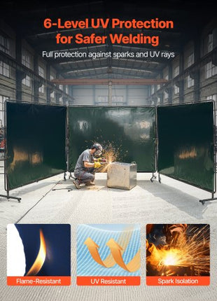 Welding Screen with Frame, 3-Panel 6 x 8 FT Welding Curtain Screen, Flame-Resistant Vinyl Safety Protection Screens with 12 Wheels & 6-Level UV Protection for Workshop/Industrial Use, Dark Green