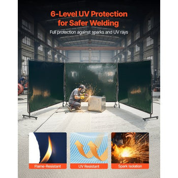 Welding Screen with Frame, 3-Panel 6 x 8 FT Welding Curtain Screen, Flame-Resistant Vinyl Safety Protection Screens with 12 Wheels & 6-Level UV Protection for Workshop/Industrial Use, Dark Green