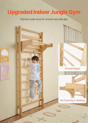 Swedish Ladder Wall Gym, 10-Level Solid Wood Indoor Jungle Gym, 220lbs Loading Indoor Playground Climbing Ladder for Kid Adults, Gymnastic Stall Bars with Pull-Up Bar - Ideal Gift for Boys Girls