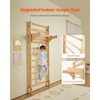 Swedish Ladder Wall Gym, 10-Level Solid Wood Indoor Jungle Gym, 220lbs Loading Indoor Playground Climbing Ladder for Kid Adults, Gymnastic Stall Bars with Pull-Up Bar - Ideal Gift for Boys Girls