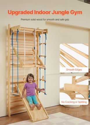 Swedish Ladder Wall Gym, 8-in-1 15 Levels Solid Wood Wall Stall Bars, 220LBS Indoor Jungle Gym Climbing Playset with Wall Ladder, Slide Board, Pull-Up Bar, Gym Rings, Swing Seat, Rope Ladder