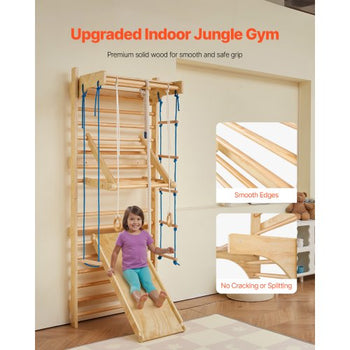 Swedish Ladder Wall Gym, 8-in-1 15 Levels Solid Wood Wall Stall Bars, 220LBS Indoor Jungle Gym Climbing Playset with Wall Ladder, Slide Board, Pull-Up Bar, Gym Rings, Swing Seat, Rope Ladder