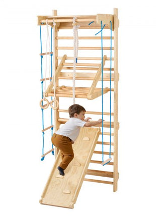 Swedish Ladder Wall Gym, 8-in-1 15 Levels Solid Wood Wall Stall Bars, 220LBS Indoor Jungle Gym Climbing Playset with Wall Ladder, Slide Board, Pull-Up Bar, Gym Rings, Swing Seat, Rope Ladder
