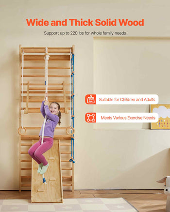 Swedish Ladder Wall Gym, 8-in-1 15 Levels Solid Wood Wall Stall Bars, 220LBS Indoor Jungle Gym Climbing Playset with Wall Ladder, Slide Board, Pull-Up Bar, Gym Rings, Swing Seat, Rope Ladder