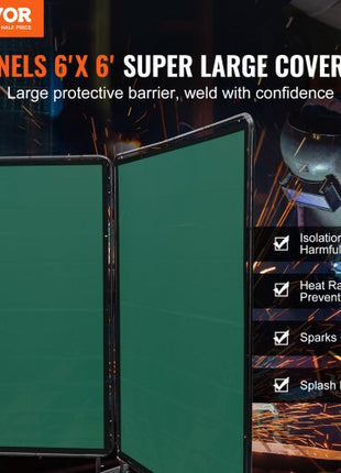 Welding Screen with Frame, 6' x 6' 3 Panel Welding Curtain Screens, Flame-Resistant Vinyl Welding Protection Screen on 12 Swivel Wheels (6 Lockable), Moveable & Professional for Workshop, Green
