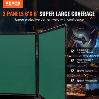 Welding Screen with Frame, 6' x 6' 3 Panel Welding Curtain Screens, Flame-Resistant Vinyl Welding Protection Screen on 12 Swivel Wheels (6 Lockable), Moveable & Professional for Workshop, Green
