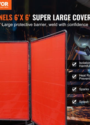 Welding Screen with Frame, 6' x 6' 3 Panel Welding Curtain Screens, Flame-Resistant Vinyl Welding Protection Screen on 12 Swivel Wheels (6 Lockable), Moveable & Professional for Workshop, Red