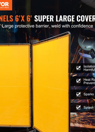 Welding Screen with Frame, 6' x 6' 3 Panel Welding Curtain Screens, Flame-Resistant Vinyl Welding Protection Screen on 12 Swivel Wheels (6 Lockable), Moveable & Professional for Workshop, Yellow