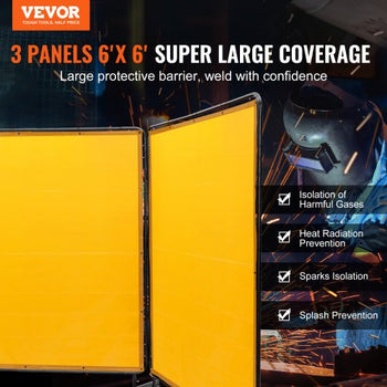 Welding Screen with Frame, 6' x 6' 3 Panel Welding Curtain Screens, Flame-Resistant Vinyl Welding Protection Screen on 12 Swivel Wheels (6 Lockable), Moveable & Professional for Workshop, Yellow
