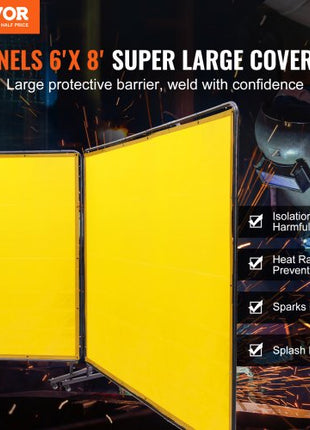 Welding Screen with Frame, 6' x 8' 3 Panel Welding Curtain Screens, Flame-Resistant Vinyl Welding Protection Screen on 12 Swivel Wheels (6 Lockable), Moveable & Professional for Workshop, Yellow