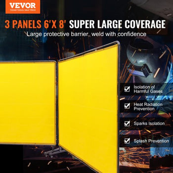 Welding Screen with Frame, 6' x 8' 3 Panel Welding Curtain Screens, Flame-Resistant Vinyl Welding Protection Screen on 12 Swivel Wheels (6 Lockable), Moveable & Professional for Workshop, Yellow