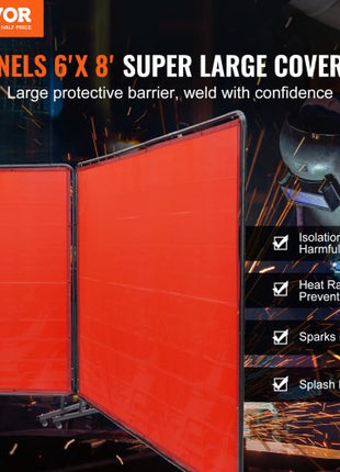 Welding Screen with Frame, 6' x 8' 3 Panel Welding Curtain Screens, Flame-Resistant Vinyl Welding Protection Screen on 12 Swivel Wheels (6 Lockable), Moveable & Professional for Workshop, Red