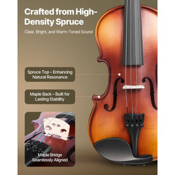 Violin 3/4 Size for Adults, Violin Fiddle Set for Beginners Student with Hard Case, Rosin, Bow, Shoulder Rest,Bridge,Tuner and Extra Strings,Solidwood Professional Musical Instruments (Brown)