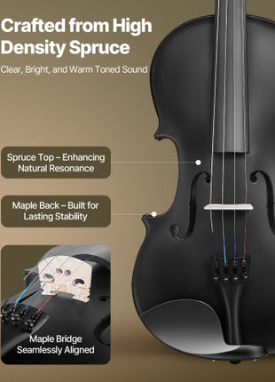 Violin 4/4 Full Size for Adults, Violin Fiddle Set for Beginners Student with Hard Case, Rosin, Bow, Shoulder Rest, Bridge, Tuner and Extra Strings, Professional Solidwood Instruments  (Black)