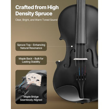 Violin 4/4 Full Size for Adults, Violin Fiddle Set for Beginners Student with Hard Case, Rosin, Bow, Shoulder Rest, Bridge, Tuner and Extra Strings, Professional Solidwood Instruments  (Black)