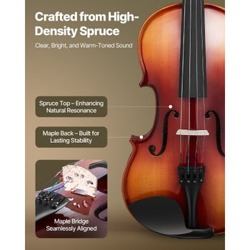 Violin 4/4 Full Size for Adults, Violin Fiddle Set for Beginners Student with Hard Case,Rosin, Bow,Shoulder Rest,Bridge,Extra Strings,Professional Solidwood Instrument (Glossy Brown)