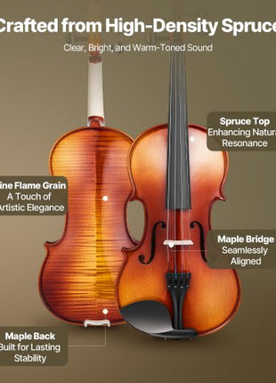 Violin 4/4 Full Size for Adults, Violin Fiddle Set for Beginners Student with Hard Case,Rosin, Bow,Shoulder Rest,Bridge,Extra Strings,Professional Solidwood Instrument (Glossy Brown Patterned)