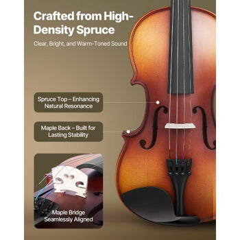 Violin 4/4 Full Size for Adults, Violin Fiddle Set for Beginners Student with Hard Case, Rosin, Bow, Shoulder Rest,Bridge,Extra Strings,Professional Solidwood Instrument (Matte Brown)