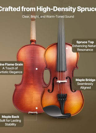 Violin 4/4 Full Size for Adults, Violin Fiddle Set for Beginners Student with Hard Case, Rosin, Bow, Shoulder Rest,Bridge,Extra Strings,Professional Solidwood Instrument (Matte Brown Patterned)