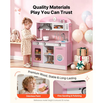 Play Kitchen for Kids, Wooden, Kids Kitchen Playset with Real Lights & Sounds, Food & Cookware Accessories, Pretend Play Toy Set, Range Hood, Microwave, for Toddlers, Girls & Boys Ages 3-8, Pink