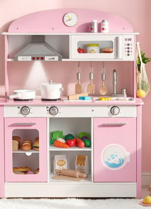 Play Kitchen for Kids, Wooden, Kids Kitchen Playset with Real Lights & Sounds, Food & Cookware Accessories, Pretend Play Toy Set, Range Hood, Microwave, for Toddlers, Girls & Boys Ages 3-8, Pink