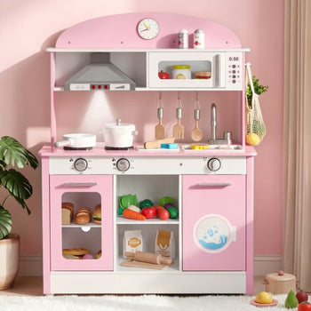 Play Kitchen for Kids, Wooden, Kids Kitchen Playset with Real Lights & Sounds, Food & Cookware Accessories, Pretend Play Toy Set, Range Hood, Microwave, for Toddlers, Girls & Boys Ages 3-8, Pink