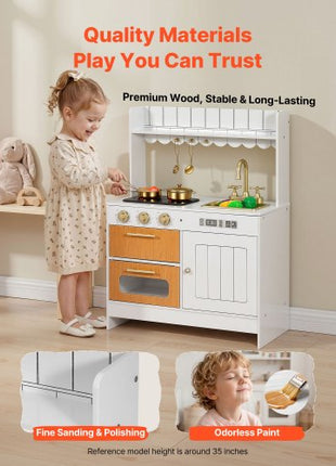 Play Kitchen for Kids, Wooden, Kids Kitchen Playset with Real Lights & Sounds, Food & Cookware Accessories, Pretend Play Toy Set, Sink, Oven, Stove, Cabinet, for Toddlers, Girls & Boys Ages 3-8