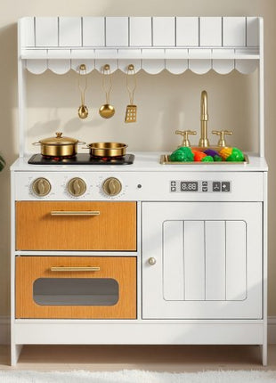 Play Kitchen for Kids, Wooden, Kids Kitchen Playset with Real Lights & Sounds, Food & Cookware Accessories, Pretend Play Toy Set, Sink, Oven, Stove, Cabinet, for Toddlers, Girls & Boys Ages 3-8