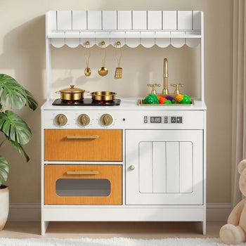 Play Kitchen for Kids, Wooden, Kids Kitchen Playset with Real Lights & Sounds, Food & Cookware Accessories, Pretend Play Toy Set, Sink, Oven, Stove, Cabinet, for Toddlers, Girls & Boys Ages 3-8